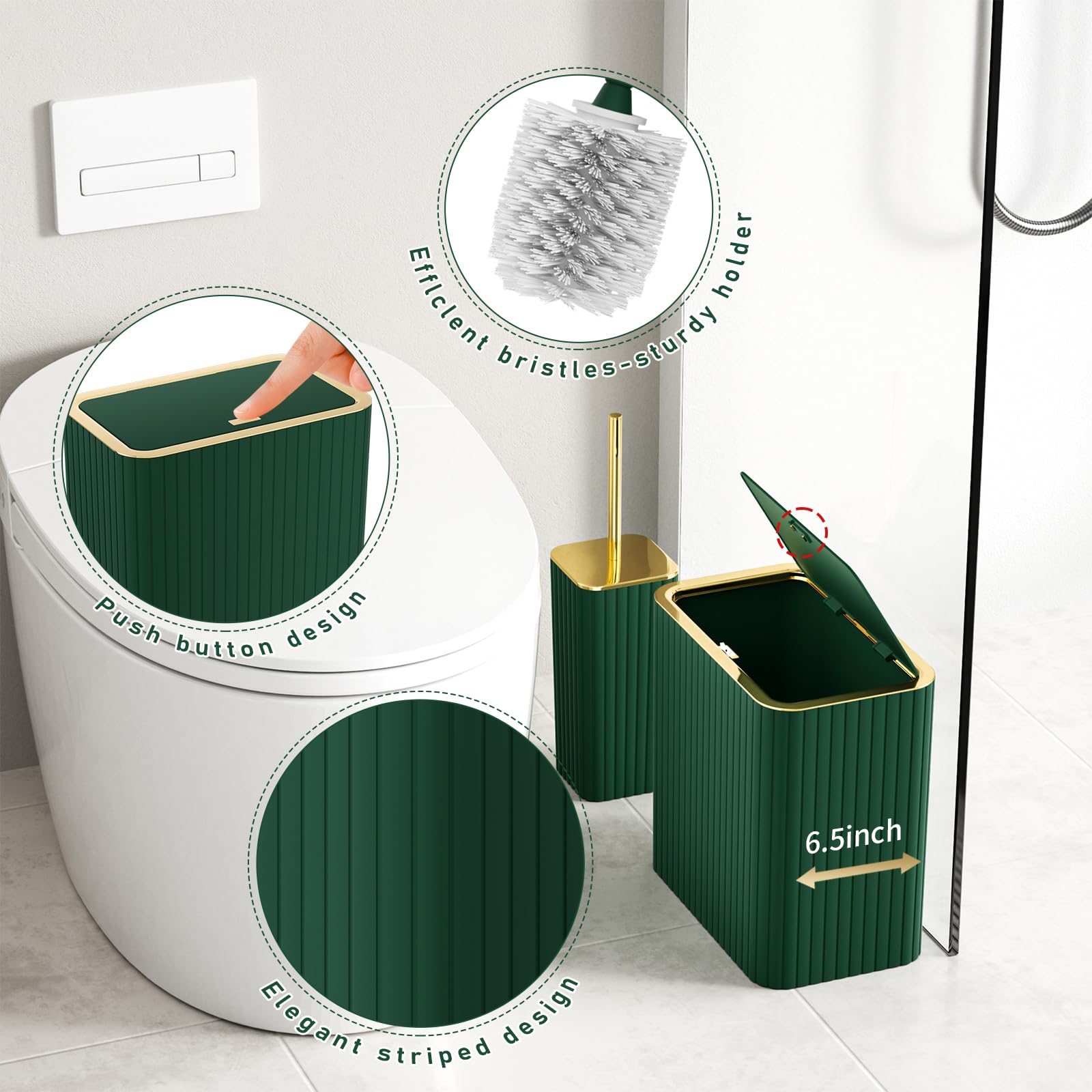 InnJoey Bathroom Accessory Set - Bathroom Set, 12PC Bathroom Accessories Set, Dark Green Bathroom Accessories Set, Mini Trash Can, Toilet Brush, Trash Can & Soap Dispenser