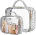 PACKISM 2 Pack Clear Makeup Bag Set (1 Large 1 Medium) - Foldable TSA Approved Toiletry Bag for Carry-on & Checked Luggage, Water Resistant Car Storage Organizer, Silver