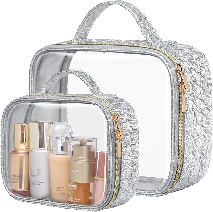 PACKISM 2 Pack Clear Makeup Bag Set (1 Large 1 Medium) - Foldable TSA Approved Toiletry Bag for Carry-on & Checked Luggage, Water Resistant Car Storage Organizer, Silver