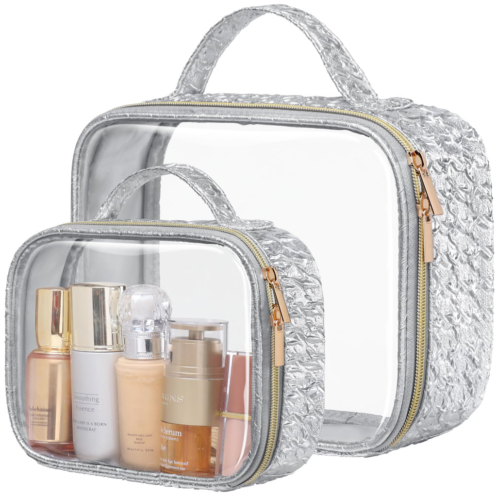 PACKISM 2 Pack Clear Makeup Bag Set (1 Large 1 Medium) - Foldable TSA Approved Toiletry Bag for Carry-on & Checked Luggage, Water Resistant Car Storage Organizer, Silver