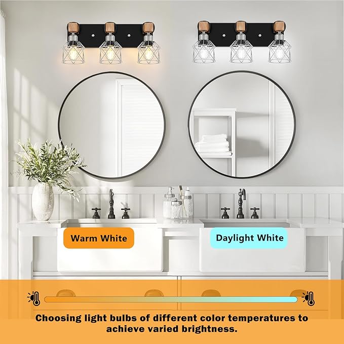 FadimiKoo 3-Light Wood Bathroom Light Fixtures Over Mirror, Rustic Black Silver Famhourse Sconces Wall Decor with Elegant Metal Lampshade for Living Room, Bedroom, Porch