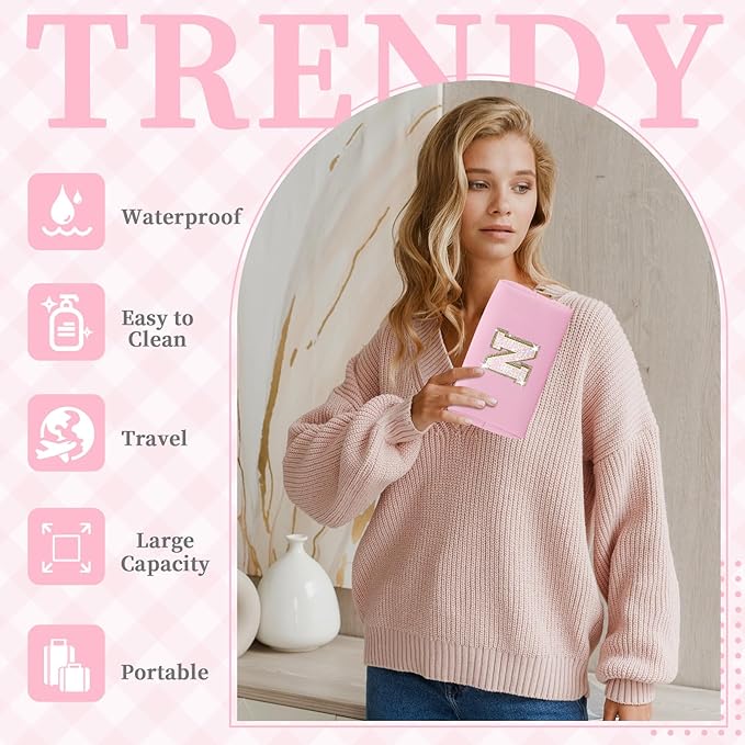 Small Personalized Initial A-Z Patch Makeup Bag,Pink Cute PU Leather Glitter Letter Cosmetic Bag for Teen Girls,Travel Toiletry Bag with Zipper,Preppy Monogrammed Birthday Gift for Daughter Niece N