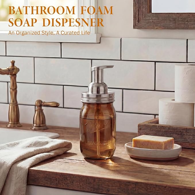 Amolliar Plastic Mason Jar Foaming Soap Dispenser Pump Lid, 16oz Foam Soap Dispenser with Cute Lables - Amber Refillable Hand Soap Dispenser for Bathroom Kitchen Shower (2 Pack, Silver)