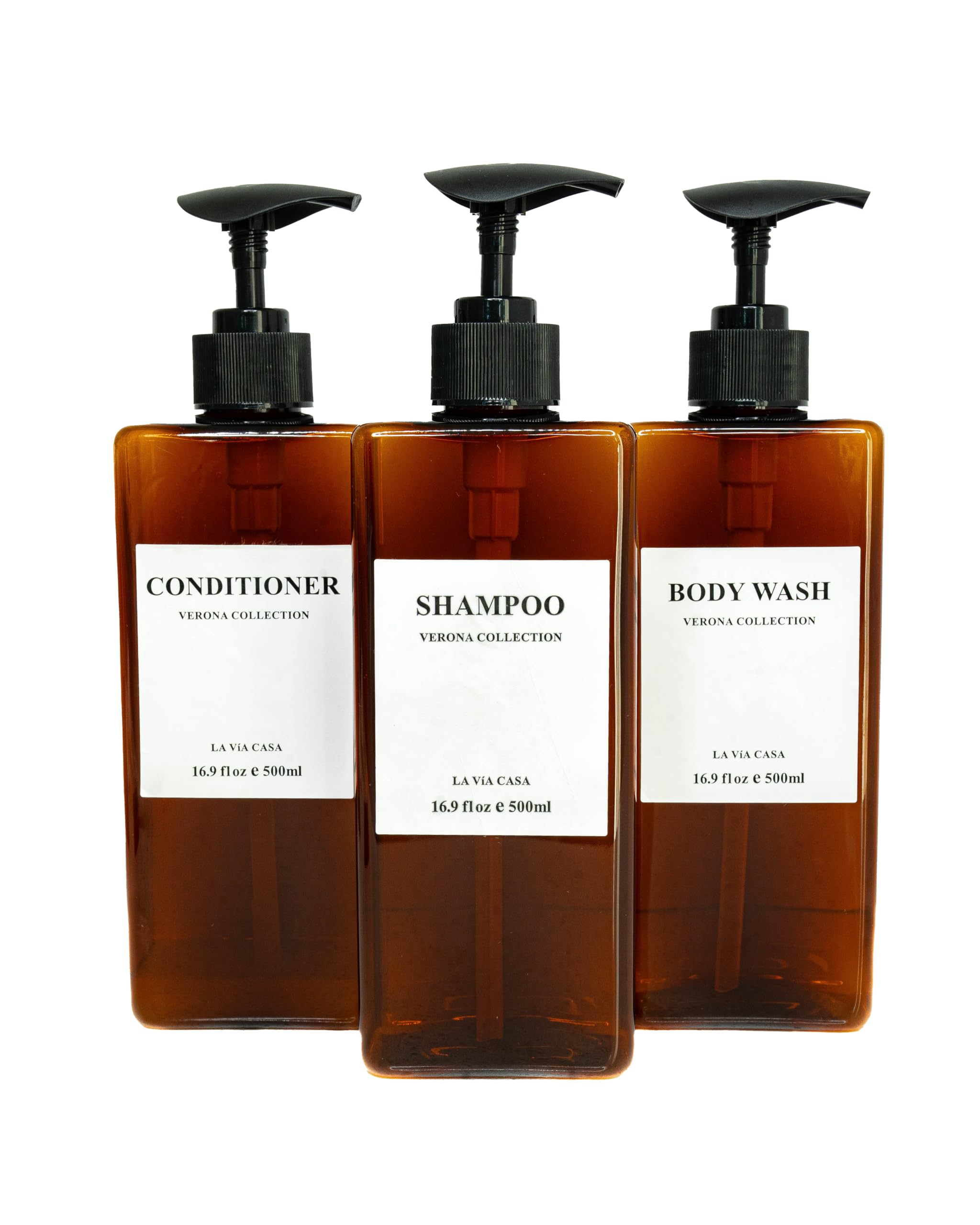 La Via Casa Shampoo and Conditioner Dispenser | 3 Plastic Amber | Shampoo Dispenser with Waterproof Labels | Shower Bottles Refillable with Pump (Without Wall Mount)