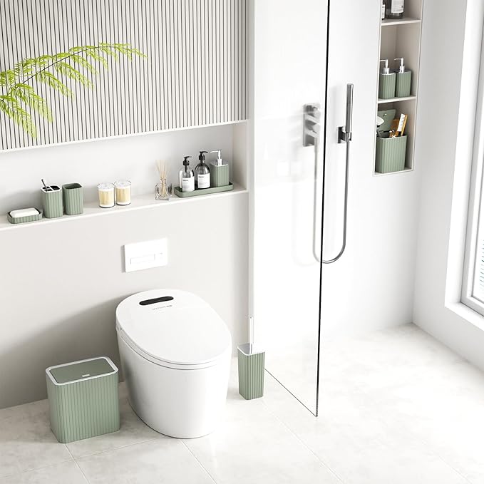 InnJoey Bathroom Accessory Set - Sage Green Bathroom Set, 12PC Bathroom Accessories Set, Mini Trash Can, Toilet Brush, Trash Can & Soap Dispenser