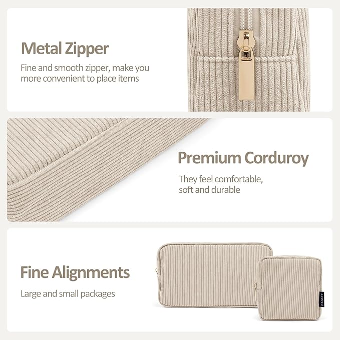 MAGEFY Small Makeup Bag for Purse Mini Cosmetics Bag Corduroy Cute Cosmetic Pouch for Women with Slip-in Pockets (Beige)