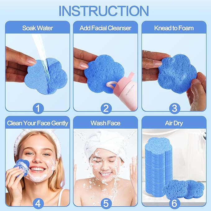 Spunspon 50-Count Facial Sponges, Natural, Blue, Modern Style, Reusable, Exfoliating, Cleansing, Makeup Removal, Travel-Friendly, Gift for Her