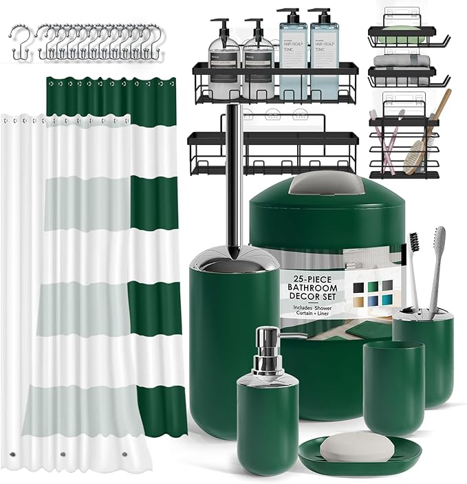 Clara Clark Bathroom Accessories Set - 23PC Shower Curtain Set with Bathroom Trash Can, Green Bathroom Set, Bathroom Sets with Shower Curtain and Green Rugs