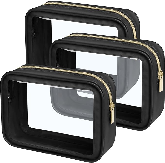PACKISM Clear Makeup Bag Travel- 3 Pack TSA Approved Toiletry Bag, Black