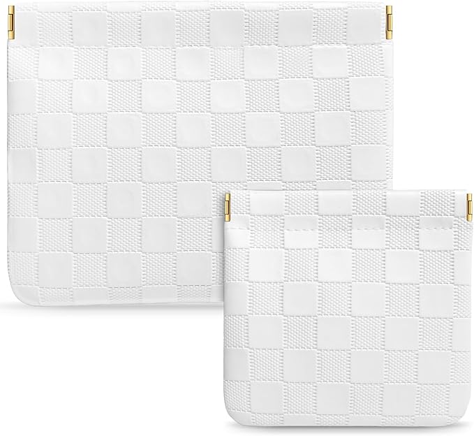 MXXUUOOM 2 Pack Small Makeup Bag for Purse Leather Cosmetic Pouch Organizer, Snap Closure Checkered Makeup Bag, Mini Lipstick Coin Pouch, Travel Makeup Organizer for Women(white)