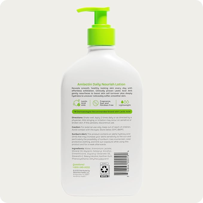 AmLactin Daily Nourish Therapeutic Body Lotion for Dry Skin - No-Scrub Exfoliator and Moisturizer 12% Lactic Acid Lotion, 14.1 oz (Packaging May Vary)