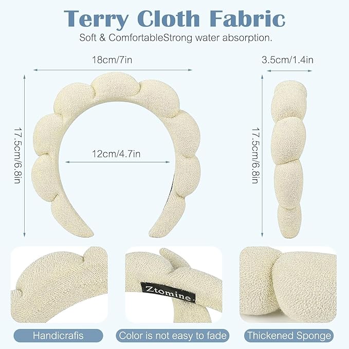 Ztomine Skincare Headband, Set of 2 - Terry Cloth Face Wash Headband Combo Pack - Puffy Makeup Headbands for Face Washing, Mask (beige + black)