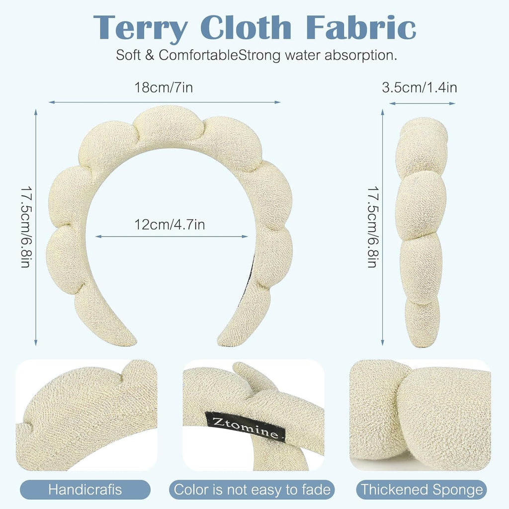 Ztomine Skincare Headband, Set of 2 - Terry Cloth Face Wash Headband Combo Pack - Puffy Makeup Headbands for Face Washing, Mask (beige + black)