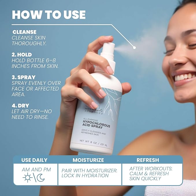 Eva Naturals Hypochlorous Acid Spray for Face & Body, HOCl Facial Mist & Skin Cleanser, Soothing Daily Spray for Redness, Irritation & Sensitive Skin, All Skin Types, 8 oz