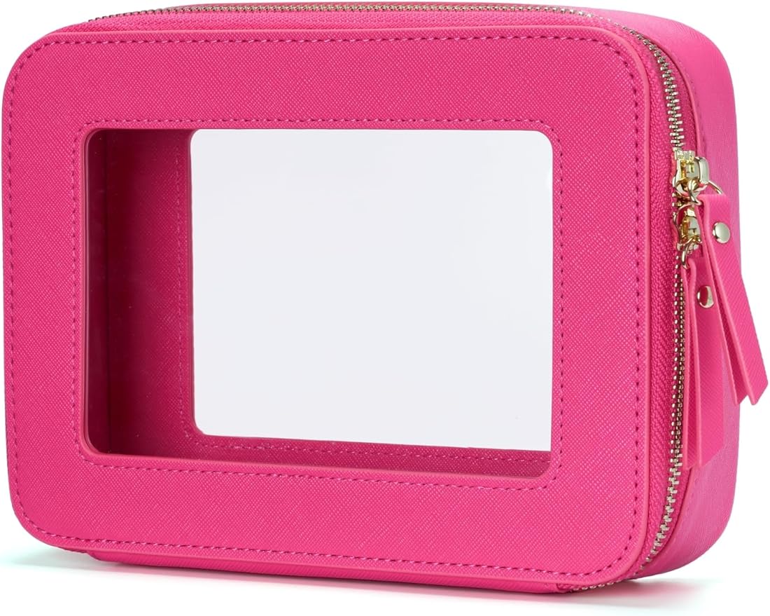 Popvibe Clear Makeup Bag Travel Cosmetic Case Transparent Toiletry Bag with Zipper, Portable Make Up Organizer Traveling Compact Car Bag for Essentials, Hotpink, Medium