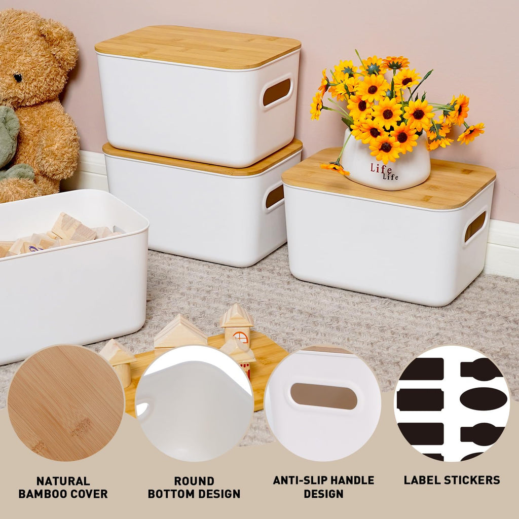 Citylife Storage Bins with Bamboo Lids 7QT Plastic Storage Containers Stackable Organizer Boxes with Handle for Desk Snacks, Toys, 4 PCS, 10" L x 7" W x 5.8" H