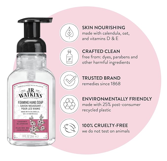 J.R. Watkins Foaming Hand Soap Pump with Dispenser, Moisturizing All Natural Hand Soap Foam, Alcohol-Free, Cruelty-Free, USA Made, Use as Kitchen or Bathroom Soap, Cherry Blossom, 9 fl oz, 15 Pack