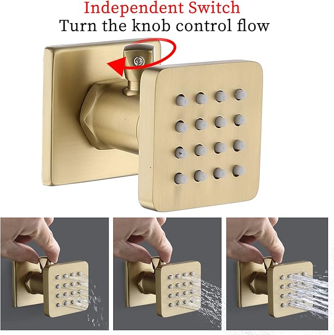 Solid Brass Square Shower Body Sprays with On Off Switch Brushed Gold Shower Jets 6 Pcs Massage Nozzle Jet Wall Mount, Flow Can Be Controlled, Showerhead Can Swivel