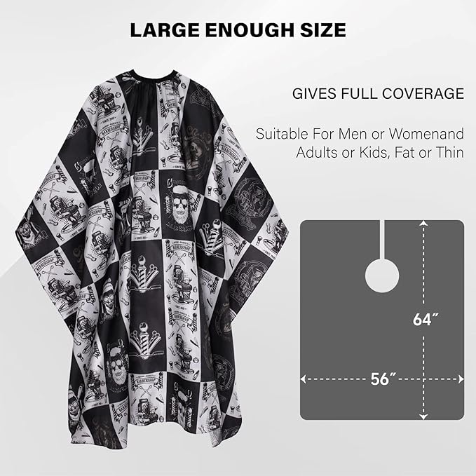 Waterproof Barber Cape with Adjustable Snap Closure - 64"x56" Professional Hair Cutting Cape for Stylists (Black)