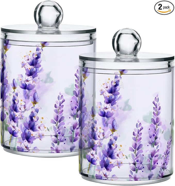 2 Pack Qtip Holder Dispenser for Cotton Ball Purple Lavender Cotton Swab Round Pads Clear Plastic Acrylic Jar Set Bathroom Canister