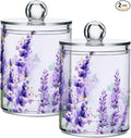 2 Pack Qtip Holder Dispenser for Cotton Ball Purple Lavender Cotton Swab Round Pads Clear Plastic Acrylic Jar Set Bathroom Canister