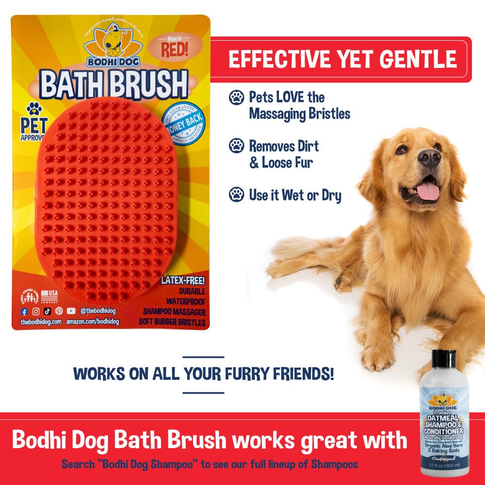 Bodhi Dog Shampoo Brush - Pet Grooming & Bath Supplies for Dogs and Cats - Bath Brush for Long & Short Hair - Premium Scrubber for Shower, Showerhead, Sprayer & Bathing (One Pack, Red)