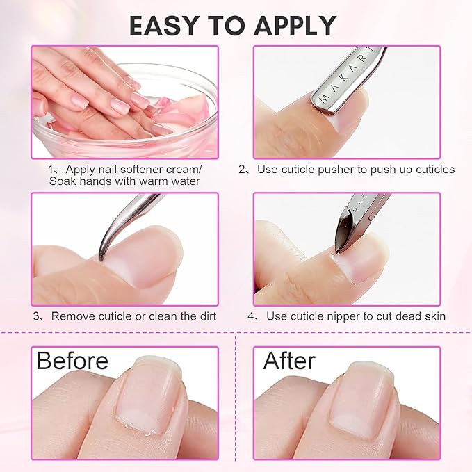 Makartt Cuticle Trimmer with Cuticle Pusher, 3 PCS Pink Nail Cuticle Nipper Professional Pedicure Manicure Tools with Stainless Steel Dual End Pusher, Nail Scraper