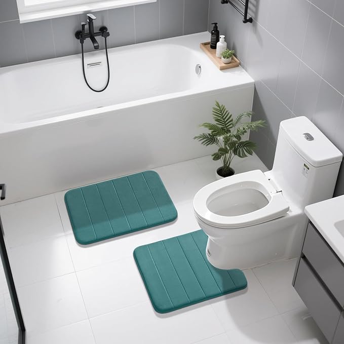 Yimobra U-Shaped Toilet Bath Mat Set 2 Piece - Super Soft Absorbent Quick Dry Memory Foam Bathroom Rugs, Machine Washable Non Slip Floor Carpet for Tub Shower & Single Sink (17x24 & 24x20, Teal)