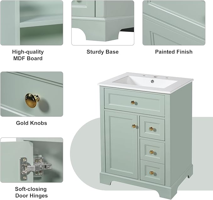 Harper & Bright Designs 24" Bathroom Vanity with Sink, Free Standing Bathroom Vanity Set with Flip Drawer, 2 Drawers, and Storage Rack, Wood Storage Cabinet with Ceramic Basin for Bathroom, Green