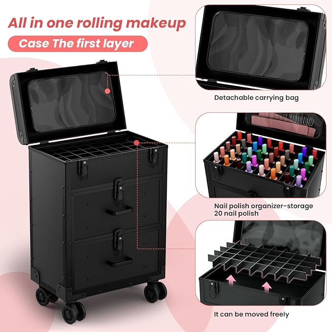 ALUROICE Large Rolling Makeup Train Case, Professional Travel Cosmetology Case on Wheels with Drawers, 3 Tiers Nail Organizers Storage Case for Nail Tech, Tattoo, Hairstylist, Makeup, Large