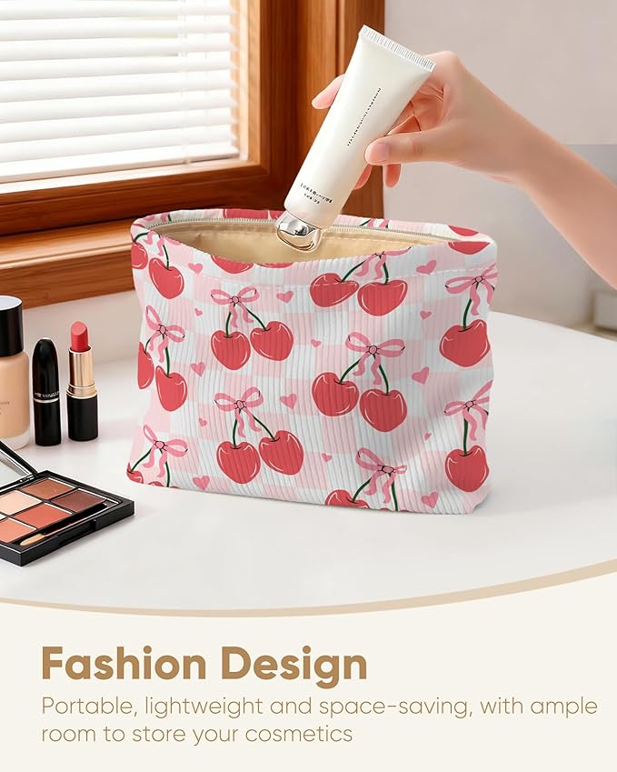 Ksriylm Cute Red Plaid Cherry Bow Knot Makeup Pouch for Women Small Make Up Check Cherries Bows Bag for Purse Zipper Initial Makeup Cosmetic Bags Pouches for Purse Aesthetic Travel Toiletry Bags
