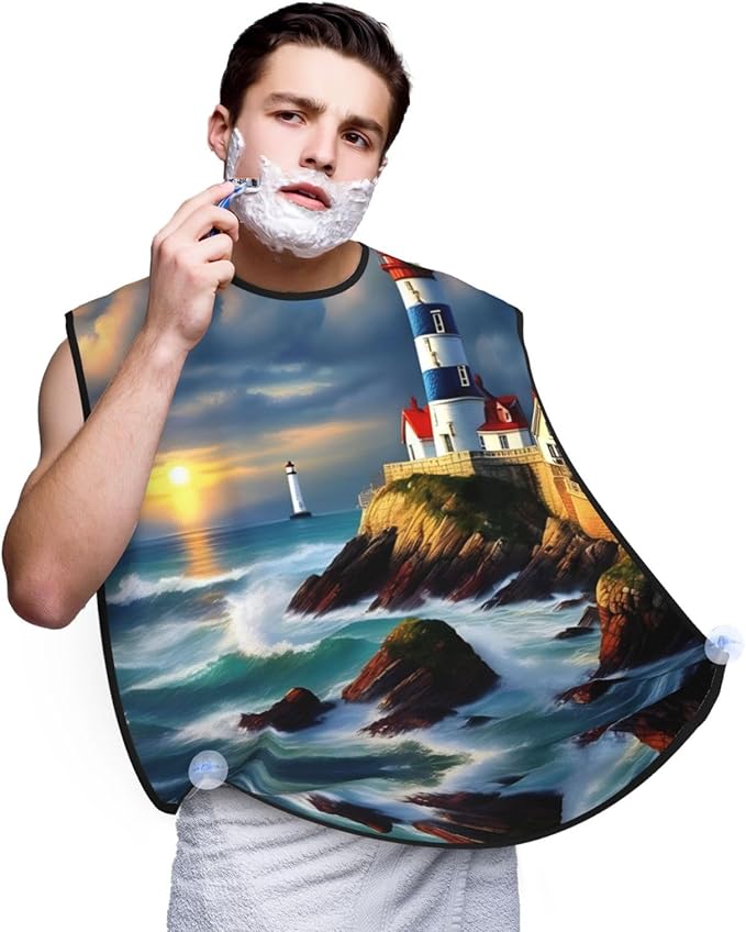 NOUZU Lighthouse Diamond Paint Print Beard Bib Apron For Men, Beard Hair Catcher For Men Shaving Trimming,Beard Cape Cloth, Black