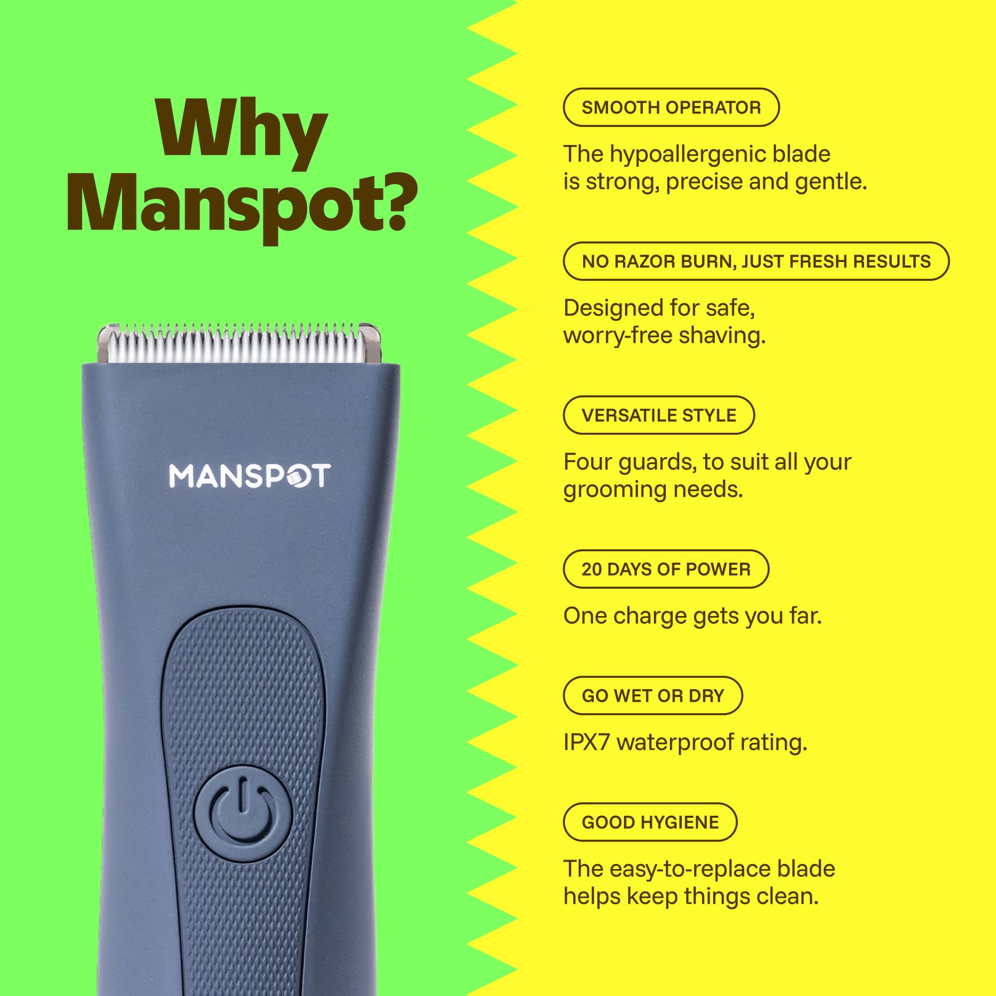 MANSPOT Electric Groin Hair Trimmer Hair Finishing Trimmers, Men's Shaving & Grooming Sets Kit with 4 Guards and Replaceable Ceramic Blade Heads,Waterproof Wet/Dry Trimmer,90 Minutes Shaving Tools