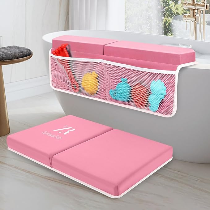 Bath Kneeler and Elbow Rest Pad Set - 2-Inch Thick Comfortable Baby Bath Kneeler Pads, Quick-Dry Non-Slip Bathtub Mat with Toy Organizer for Knee & Arm Support for Baby Bath Time