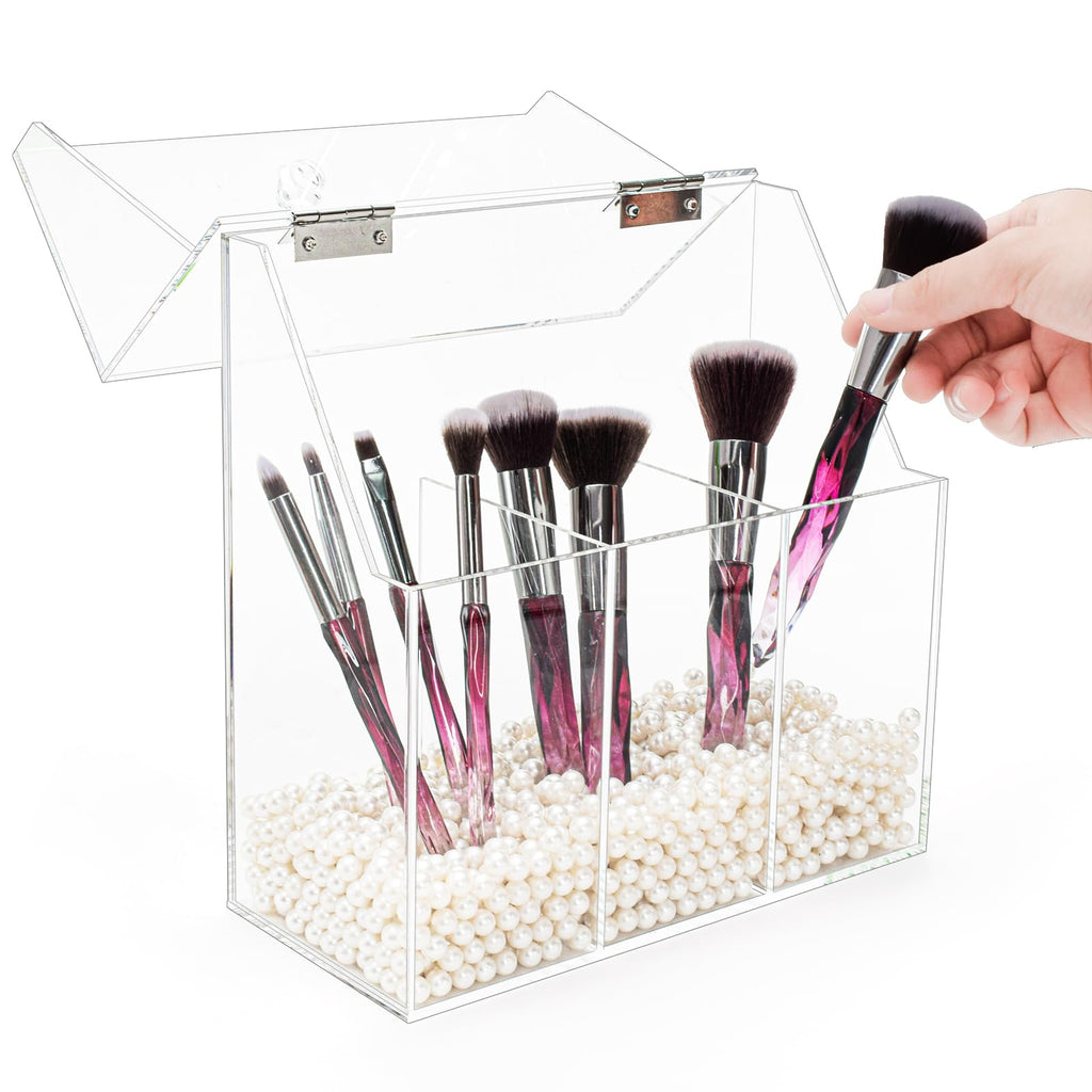 Okllen Makeup Brush Holder with Dustproof Lid, White Pearls, Acrylic Clear Makeup Brush Organizer with 3 Compartment, Large Cosmetic Brush Storage Box Case for Vanity, Bathroom, Bedroom