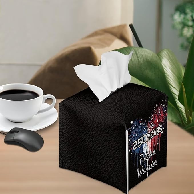 250 Years Liberty Tissue Box Holder Square PU Leather Tissue Organizer Case with Metal Button Waterproof Napkin Holder for Home Office Car Automotive Decor