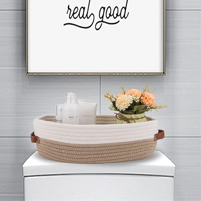 Oradrem Cotton Rope Bathroom Decor Basket,Toilet Paper Holder Basket,Farmhouse Home Decor Organizing Baskets 13"x5.9"x4" Brown Stitching White