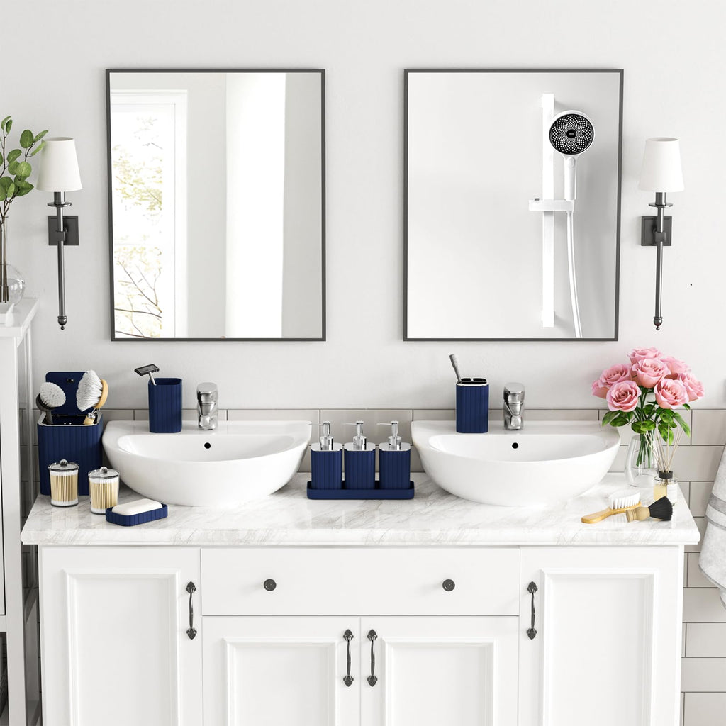 InnJoey Bathroom Accessory Set - Bathroom Set, 27PC Bathroom Accessories Set, Navy Blue Bathroom Sets with Shower Curtain and Rugs, Mini Trash Can, Toilet Brush, Trash Can & Soap Dispenser