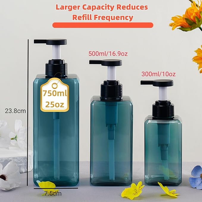 Abriclo Shampoo and Conditioner Dispensers 25OZ Refillable Large Shower Bottles 2Pack Hand Soap Dish Soap Dispenser with Waterproof Labels Square Pump Bottle for Bathroom and Kitchen- Blue, 750ml