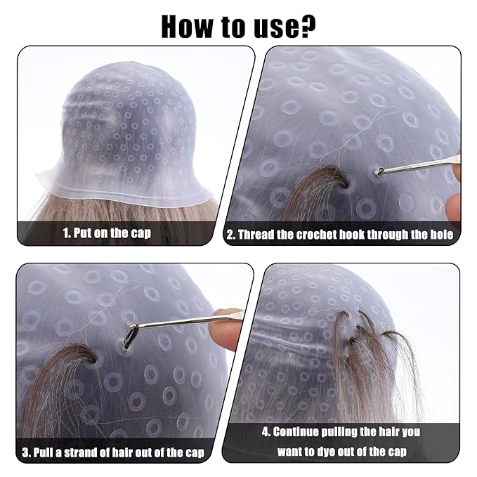 5PCS Highlighting Cap for Hair, Professional Silicone Hair Coloring Tools with Brushes Reusable Hairdressing Bleach Cap with Holes for Home Salon, Dye Accessories for Women Men