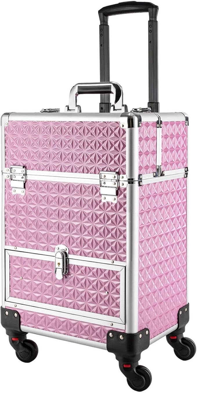Mahugde Rolling Makeup Manicure Storage Case, Makeup Trolley Rolling w/4 Universal Wheels Professional Aluminum Cosmetic Trolley Cases w/lock for Studio or Travelling (Pink)