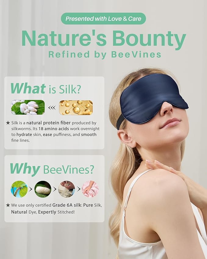BeeVines 100% Real Mulberry Silk 2 Pack Sleep Mask, Pure Silk Eye Masks with Adjustable Strap for Sleeping, Block Light Eye Sleep Shade Cover, Reduces Puffy Eyes Traveling Gifts(Black & Blue)
