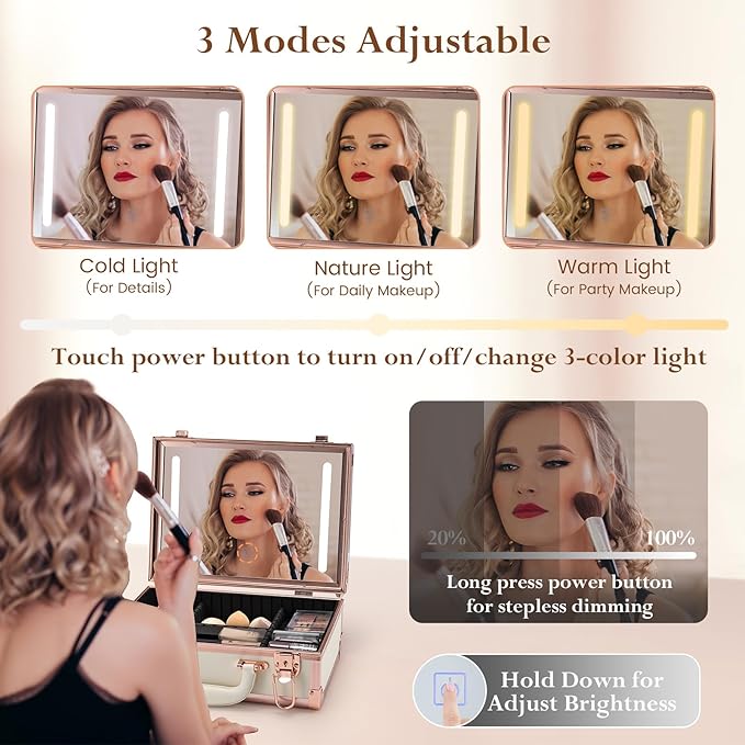 Faquenc Makeup Train Cases with Light Up Mirror 3 Color Setting, Lighted Makeup Case Organizer with Detachable Tray, Travel Makeup Box with Light for Make up Tools Storage (White & Gold)