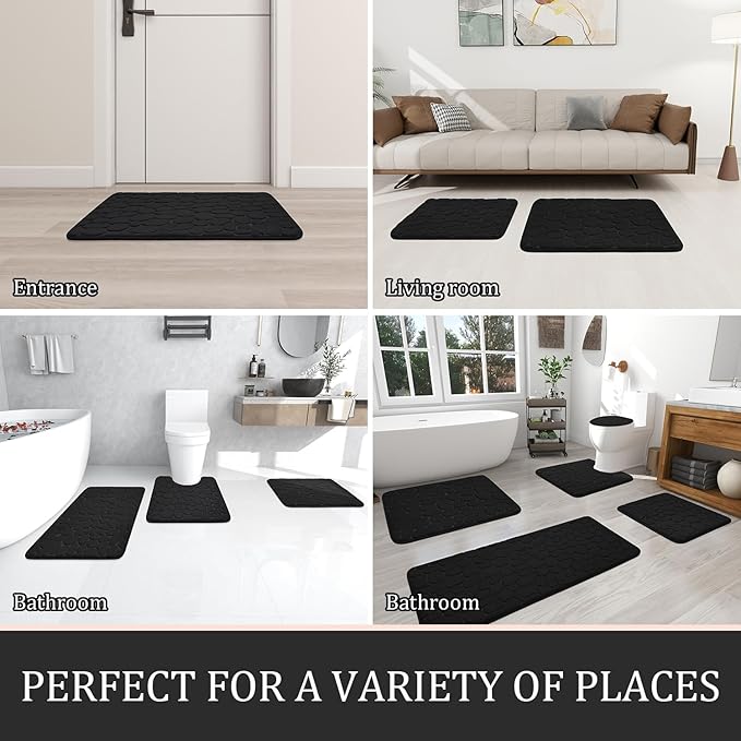 YIHOUSE Bathroom Rugs Mat Set, Memory Foam Bath Mat 5 Piece Black