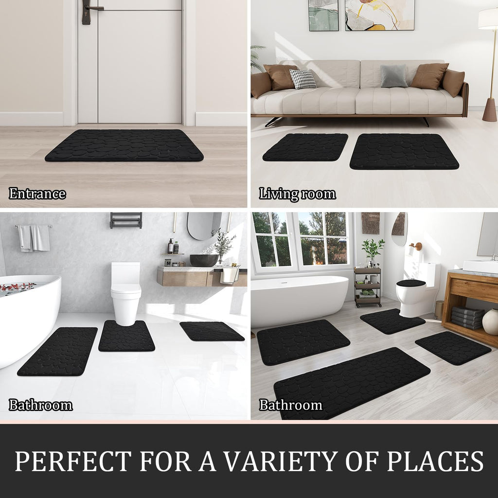 YIHOUSE Bathroom Rugs Mat Set, Memory Foam Bath Mat 5 Piece Black