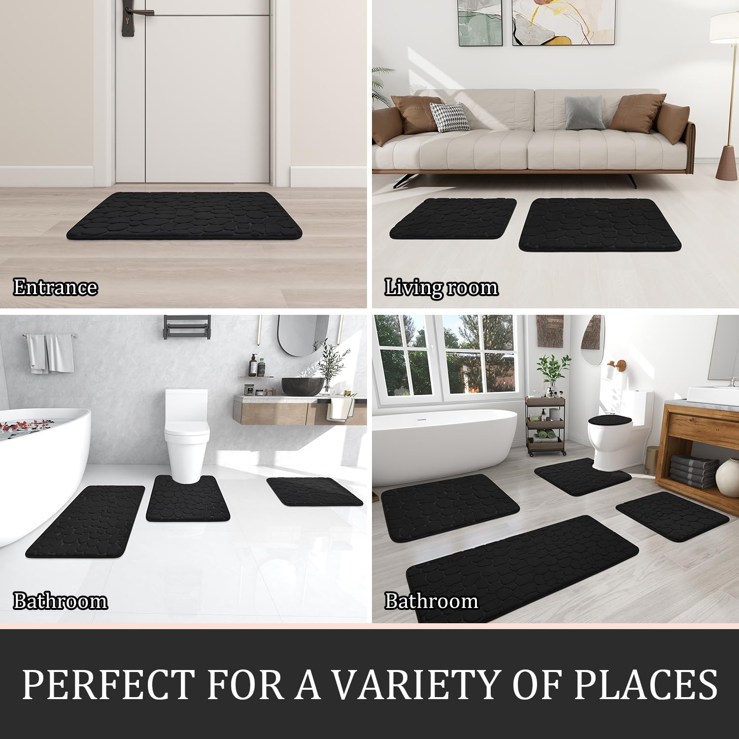 YIHOUSE Bathroom Rugs Mat Set, Memory Foam Bath Mat 5 Piece Black
