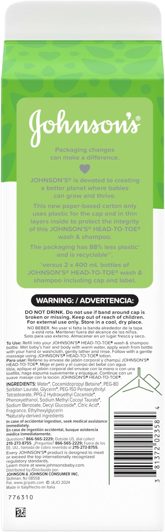 Johnson's Baby Head-To-Toe Gentle Baby Body Wash & Shampoo, Tear-Free & Hypoallergenic Baby Body Wash & Shampoo for Newborn’s Sensitive Skin & Hair, Value Size Wash Refill, 33.8 fl. oz