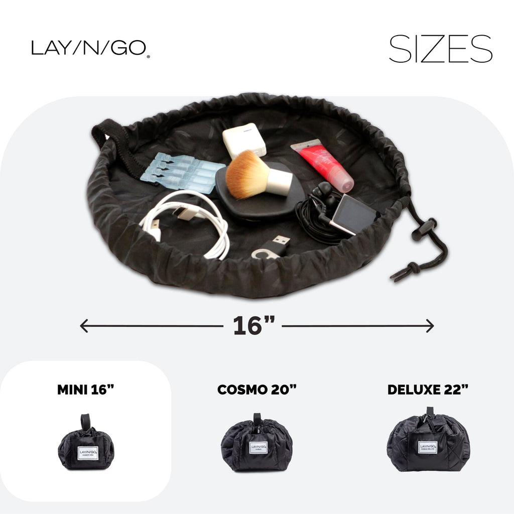 Lay-n-Go Cosmo Layflat Drawstring Cosmetic & Makeup Bag Organizer w/Zipper Pocket, Brush Loops & More, Cinch to Close, Lay Flat to Use, Durable, Machine Wash, Travel Toiletry Bag (16", Black)