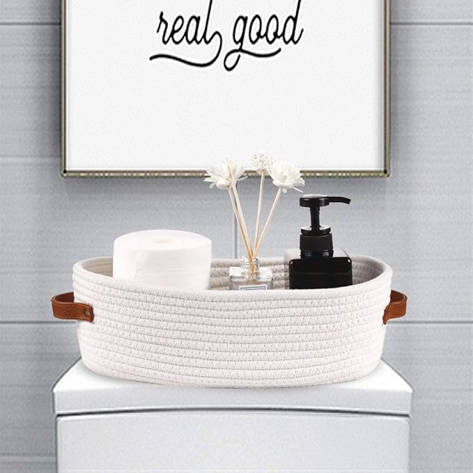 Oradrem Woven Storage Basket for Toilet Tank Top,Farmhouse Home Decor Organizing Baskets for Bathroom,Table and Counter 13"x5.9"x4" White