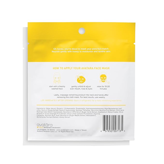 Avatara Bee My Honey Facial Mask 5 Sheets, Hydrating Sheet Masks with Honey and Sugar Cane Extract, Face Mask Skincare Beauty Essential for Moisturizing Skin, Minimize Pores, All Skin Types, 5 Pack